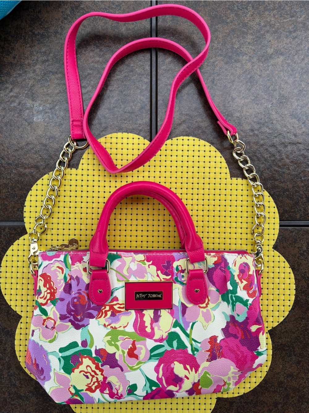 Betsey Johnson Hot Pink Floral Satchel with Gold Chain